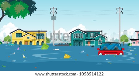 City floods and cars with garbage floating in the water.