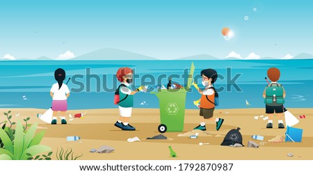 Similar – Image, Stock Photo Coronavirus garbage. Volunteers collecting used disposable medical masks and gloves near the bus stop and along the highway. The problem of environmental pollution during a pandemic COVID-19