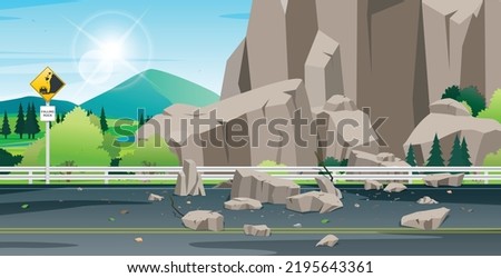 Rocks falling on the highway with stone warning signs.