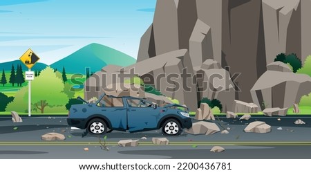 A stone fell on a car on a road through the mountains.
