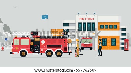 Fire station with fireman and fire truck with gray background. Stockfoto © 