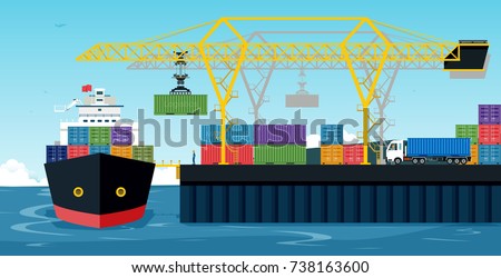 Ports with cargo ships and containers work with crane.
