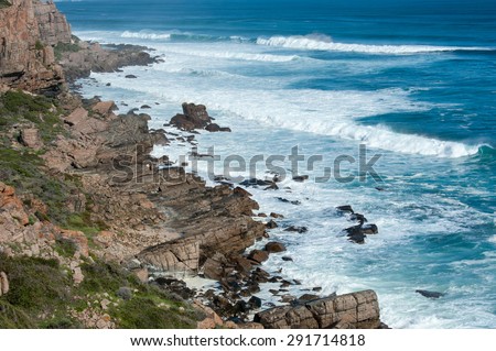 Waves breaking against rocky shore and cliffs, Wilyabrup, Margaret River area, Western Australia