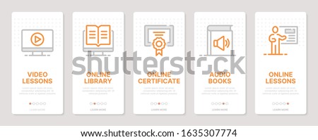 E-learning realted vertical cards. Mobile app onboarding screens Templates for a website. Icons with editable stroke Foto d'archivio © 
