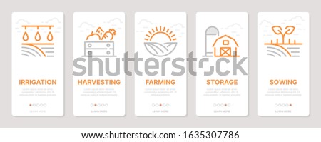 Farming realted vertical cards. Mobile app onboarding screens Templates for a website. Icons with editable stroke Foto d'archivio © 