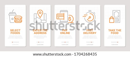 Food delivery related vertical cards. Mobile app onboarding screens. Templates for a website. Icons with editable stroke