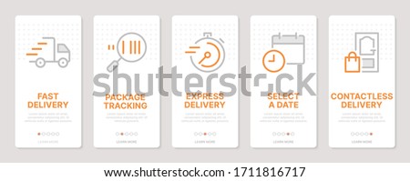 Delivery related vertical cards. Mobile app onboarding screens. Templates for a website. Icons with editable stroke
