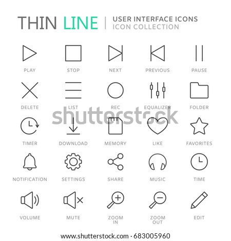 Collection of user interface thin line icons