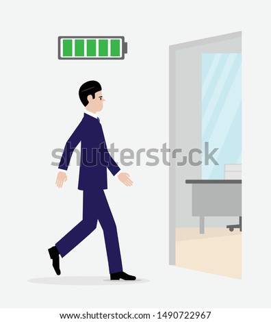 An energized  businessman walking into the office. A metaphor on the man being fully charged and ontop of his game.
