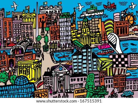 A hand drawn, cartoon style vector illustration of Dublin City, Ireland.