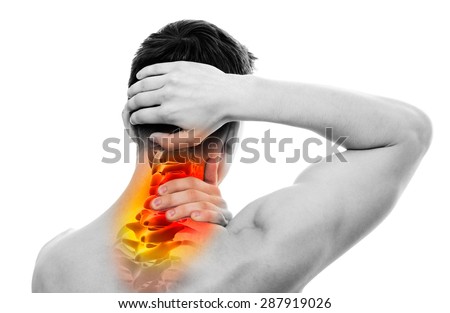 NECK Pain - Male Anatomy Sportsman Holding Head and Neck - Cervical Vertebrae Area - isolated on white