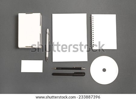 Blank stationery set : business cards, booklet, sheets, notebook, CD, boxes and pencil.