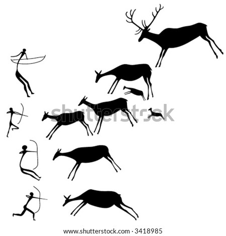 Cave Painting. The Hunters And Deers. Late Stone Age. Vector Silhouette ...