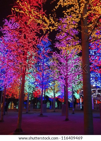 SHAH ALAM, MALAYSIA-OCT. 22: Rows of colorful LED trees lighted up at i-CITY theme park in Shah Alam, Selangor on Oct. 22, 2012. The free to public theme park was opened in early 2010.