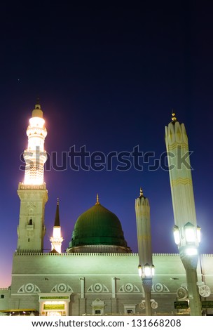 Masjid Al Nabawi or Nabawi Mosque (Mosque of the Prophet) at sunset in Medina (City of Lights), Saudi Arabia.Nabawi mosque is Islam's second holiest mosque after Haram Mosque (in Mecca, Saudi Arabia)