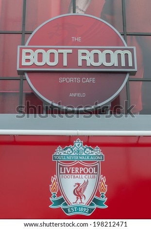 LIVERPOOL, ENGLAND - JUNE 3: Boot Room and Liverpool football club crest on Anfield Stadium on June 3, 2014 in Liverpool, England. Anfield stadium is home stadium of Liverpool FC.