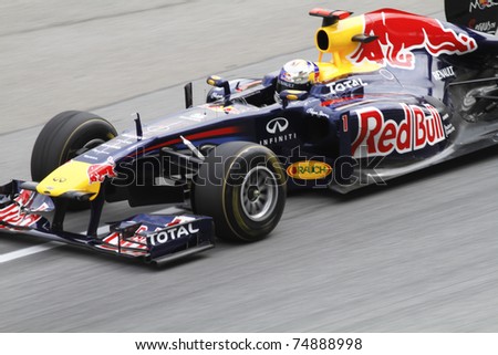 SEPANG, MALAYSIA - APRIL 8: Close up Sebastian Vettel of Red Bull Racing in action at PETRONAS Malaysian Grand Prix on April 8, 2011 in Sepang, Malaysia.The race will be held on Sunday April 10, 2011.