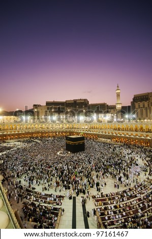 Muslim pilgrims circumambulate the Kaaba after dawn prayer at Masjidil Haram in Makkah, Saudi Arabia. Muslims all around the world face the Kaaba during prayer time.