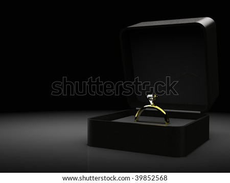 Gold diamond engagement / wedding ring seated in velvet box with copyspace