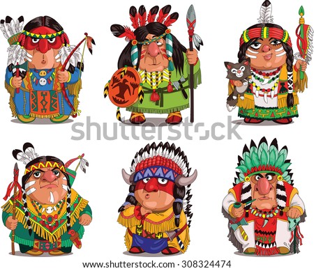 Cartoon Indians. Funny, travesty cartoon. Characters. Indians set. Isolated objects.