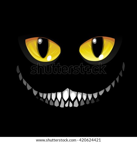 Black cat in darkness. Glowing eyes and a sinister smile. Vector illustration.