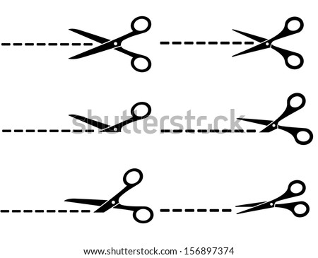 set of black scissors with cut lines on white background
