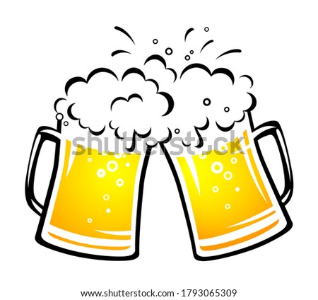 two yellow hand drawn beer mugs with bubbles, spray, droplets and foam 
