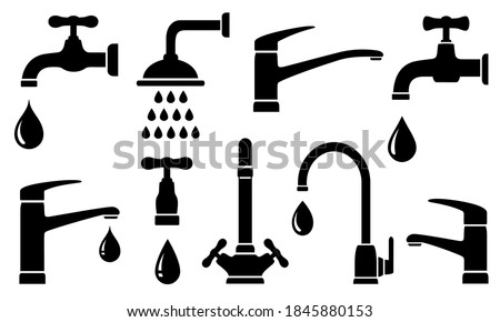 plumbing set of black isolated tap shower icons and water drops silhouettes