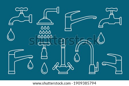 plumbing set of white linear tap shower icons and water droplets silhouettes