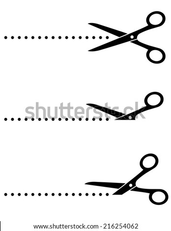 black scissors icon set with cut line on white background