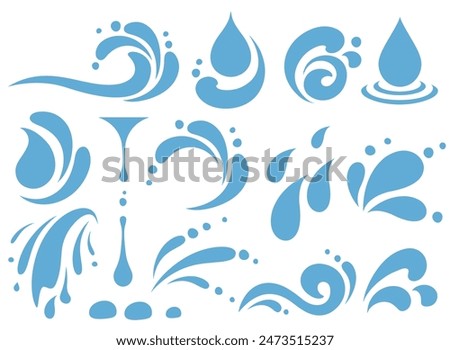 set of blue drops, raindrops, splash, sea waves, pouring water, spray icons and design elements