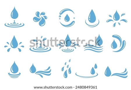 Set of blue drops, raindrops, splash, sea waves, pouring water, spray icons and design elements