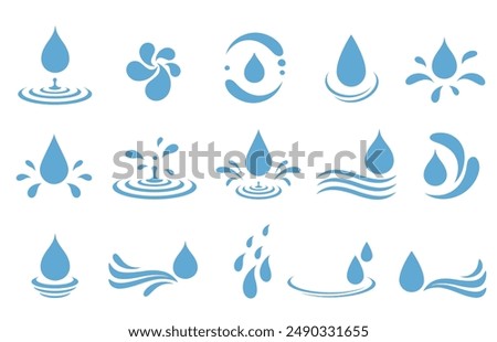 Set of drops silhouettes, raindrops, splash, sea waves, pouring water, spray icons and design elements