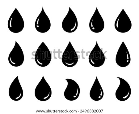 black abstract drop icons and falling droplets silhouettes set on white background