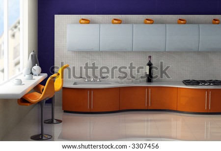 Modern kitchen with orange and blue cabinets