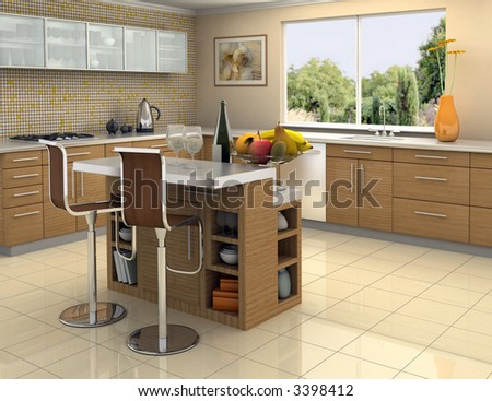 Modern kitchen with an island. The picture on the wall is my own photograph.