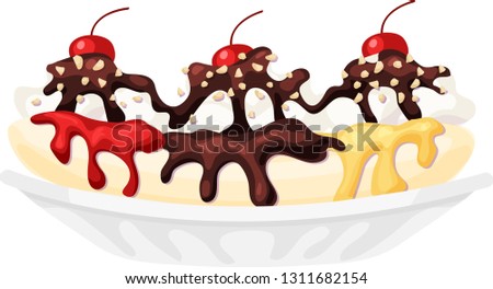Banana split sundae topped with whipped cream, chocolate, strawberry, and pineapple sauce, chopped nuts, and cherries. Sweet ice cream sundae in a dish. Isolated vector illustration.