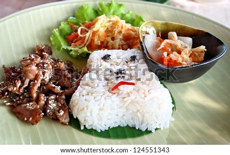 sweet and sour pork with steam rice and salad