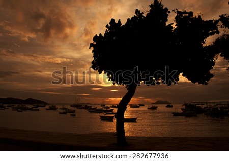 Sun, sea, group of ships, and candled tree