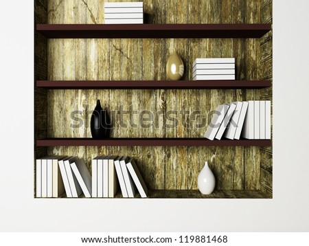 the vases and the books on the shelves, rendering