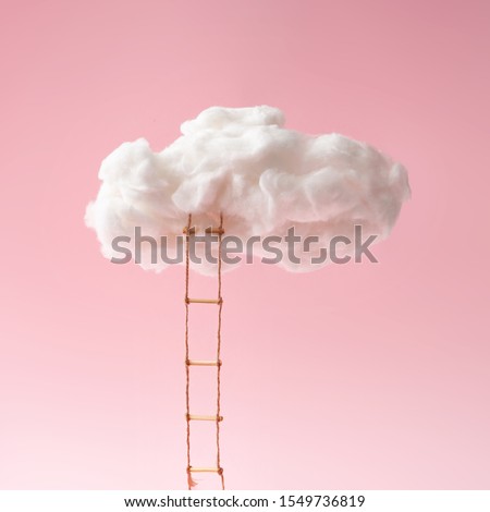 Step ladder leading to clouds . Growth, future, development concept. Minimal pink compostition.