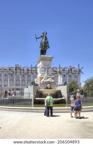 SPAIN, MADRID - May 2.2014: Sculpture of king Philip II. It is considered the first equestrian statue in the world, where a horse costs, leaning only against back legs.