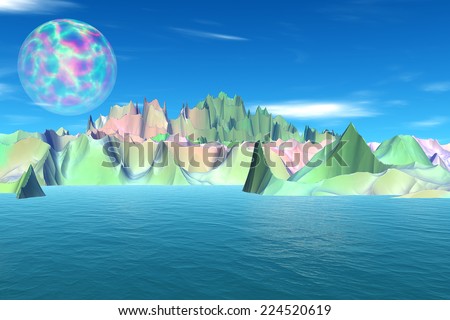 Alien planet with a moon, ocean and mountains. 3D rendered