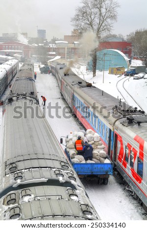RUSSIA, MOSCOW - February 04.2015: lorry delivers bales of clean linen