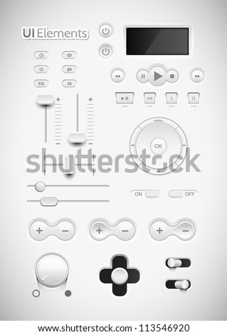 Light Web UI Elements Design Gray. Elements: Buttons, Switchers, Slider, mix, equalizer