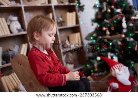 boy five years in anticipation of the holiday, sitting near the Christmas tree, holding a bunch of red berries