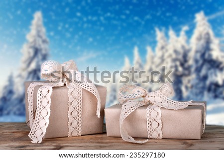 natural Handmade gift boxes on winter wonder land