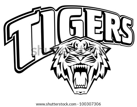 custom tiger graphic illustration. tiger roars in front of the word TIGERS. One color art is great for tiger team mascot, spirit gear, t-shirts, hoodies, die cast pins, banners, web site headers.