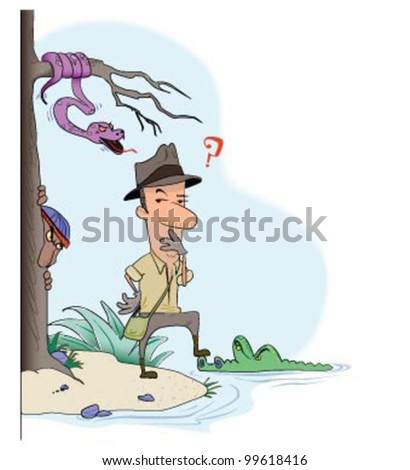 Adventurer on island surrounded by danger- a snake in a tree, a native behind a tree, a crocodile in the water. Fully composed, or blithely unaware, he considers his options.