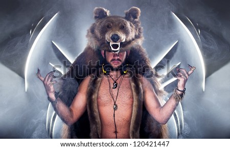 Scary man in a bear coat with scar